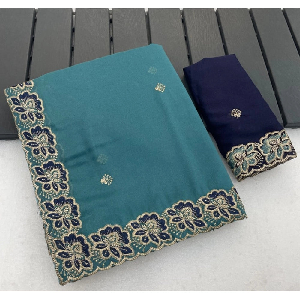 Women's Star Georgette Embroidered Saree With Unstitched Blouse 5.5 Mtr (Sea Green)