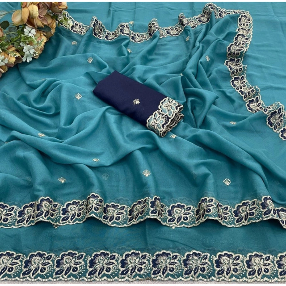 Women's Star Georgette Embroidered Saree With Unstitched Blouse 5.5 Mtr (Sea Green)