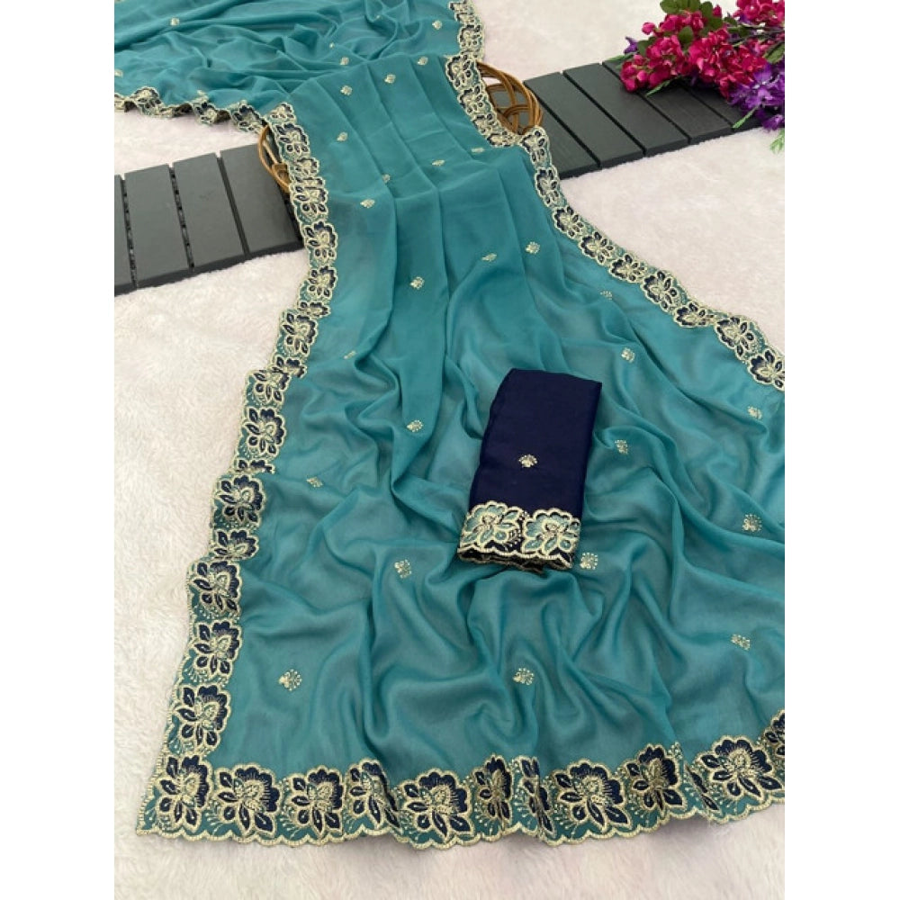 Women's Star Georgette Embroidered Saree With Unstitched Blouse 5.5 Mtr (Sea Green)