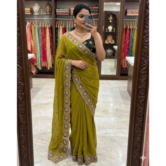 Women's Star Georgette Embroidered Saree With Unstitched Blouse 5.5m (Olive Green)