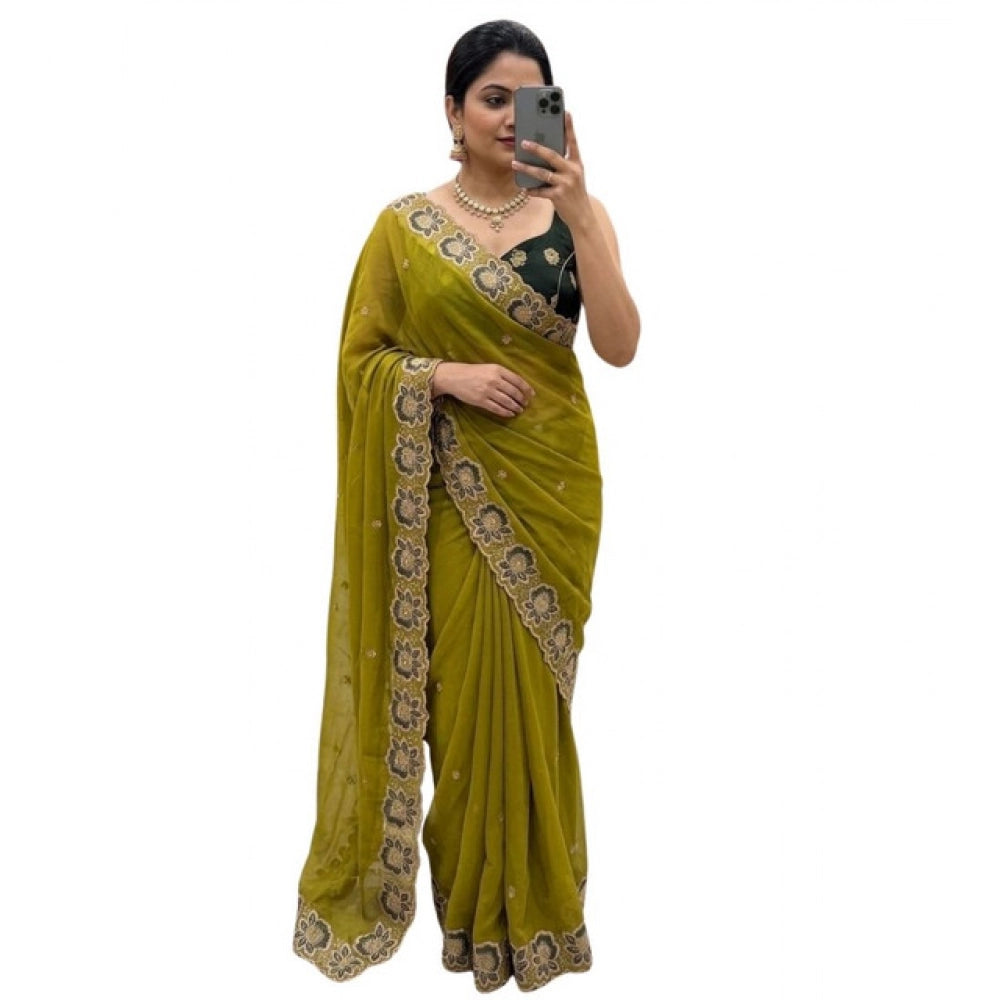 Women's Star Georgette Embroidered Saree With Unstitched Blouse 5.5 Mtr (Olive Green)
