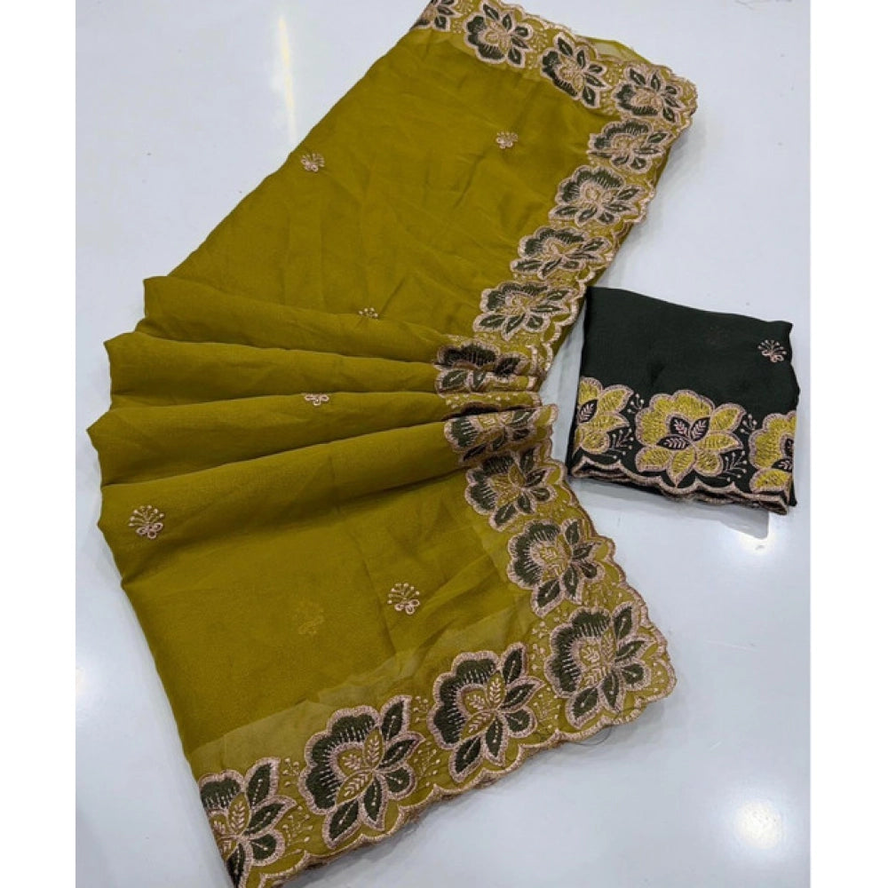 Women's Star Georgette Embroidered Saree With Unstitched Blouse 5.5 Mtr (Olive Green)