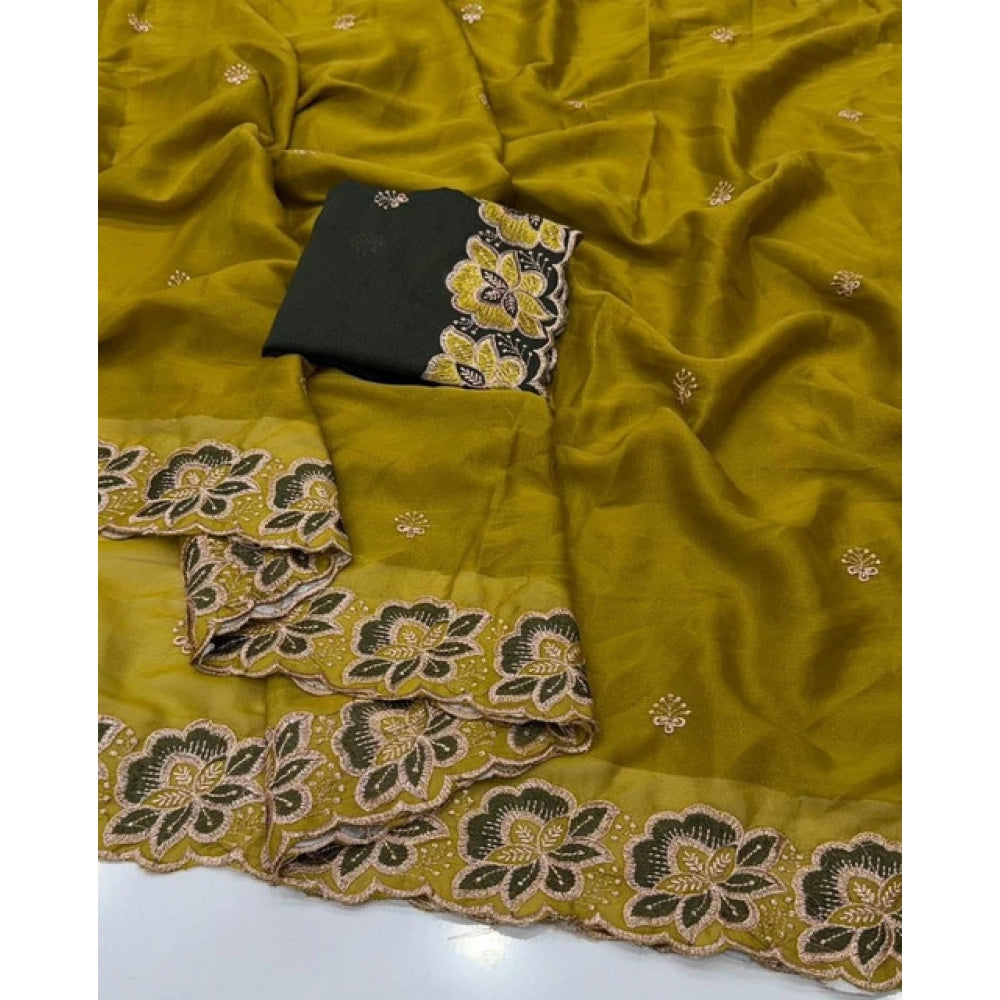Women's Star Georgette Embroidered Saree With Unstitched Blouse 5.5 Mtr (Olive Green)