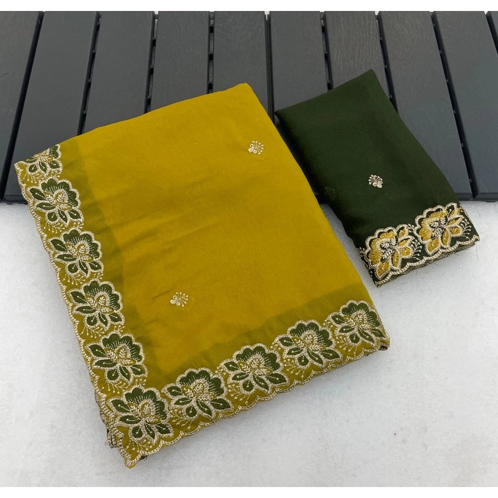 Women's Star Georgette Embroidered Saree With Unstitched Blouse 5.5 Mtr (Olive Green)