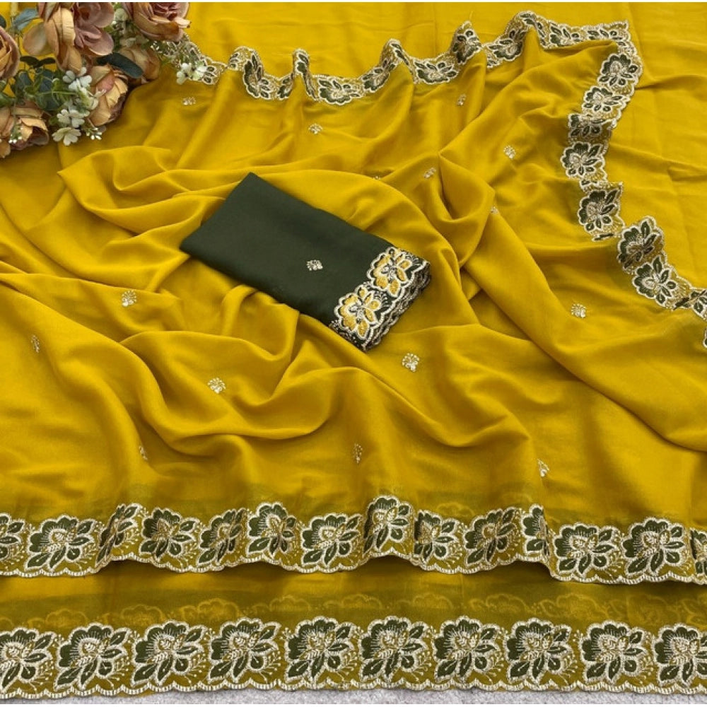 Women's Star Georgette Embroidered Saree With Unstitched Blouse 5.5 Mtr (Olive Green)