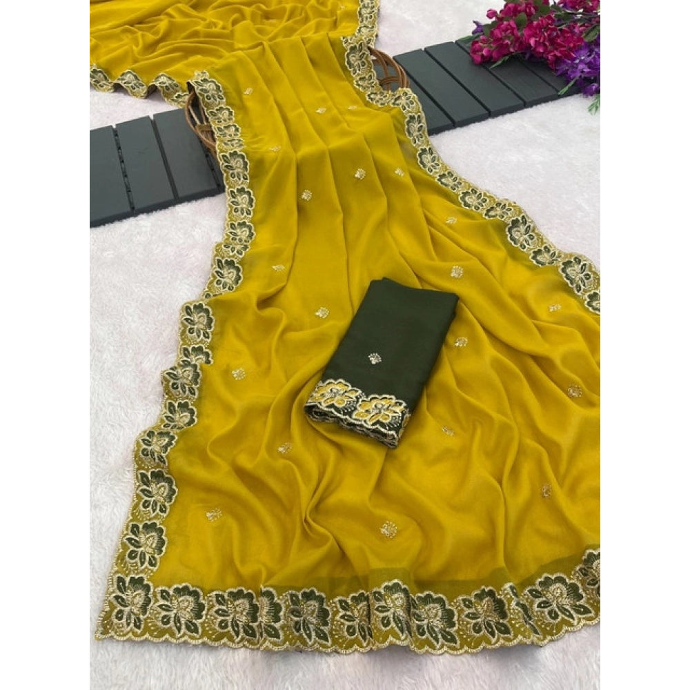 Women's Star Georgette Embroidered Saree With Unstitched Blouse 5.5 Mtr (Olive Green)