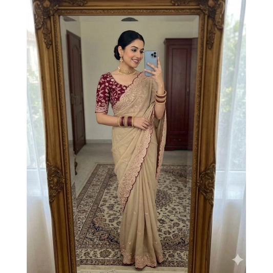 Women's Star Georgette Embroidered Saree With Unstitched Blouse 5.5m (Beige)