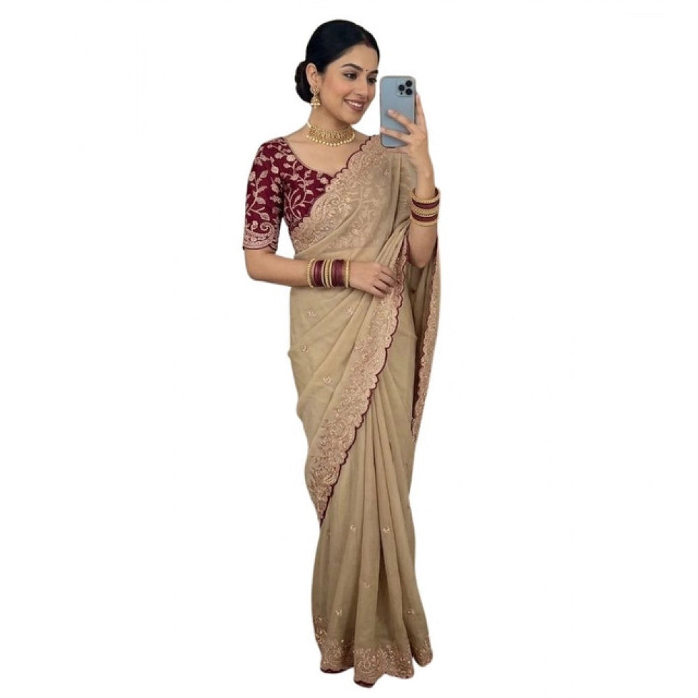Women's Star Georgette Embroidered Saree With Unstitched Blouse 5.5 Mtr (Beige)