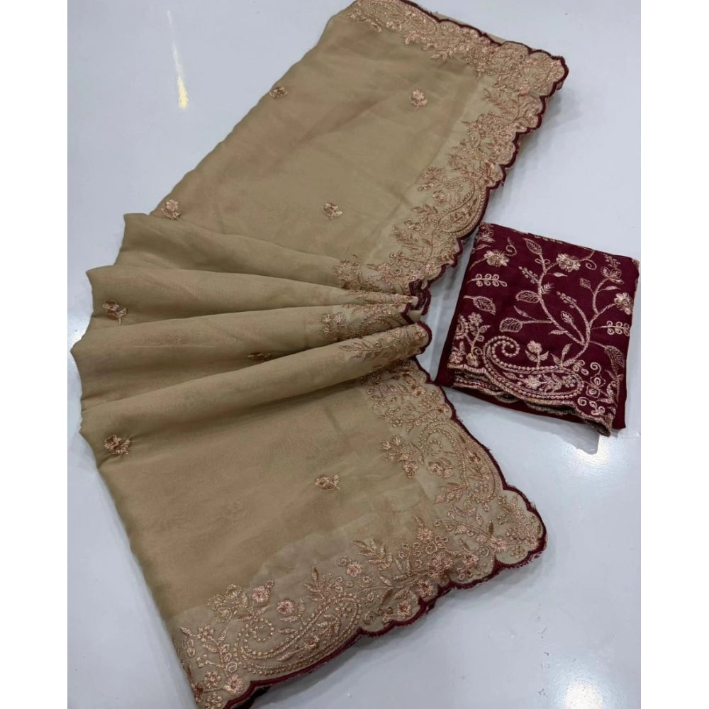 Women's Star Georgette Embroidered Saree With Unstitched Blouse 5.5 Mtr (Beige)