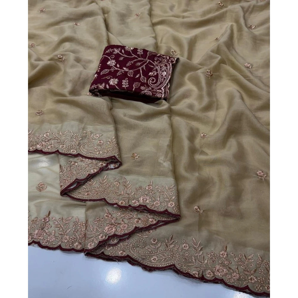 Women's Star Georgette Embroidered Saree With Unstitched Blouse 5.5 Mtr (Beige)