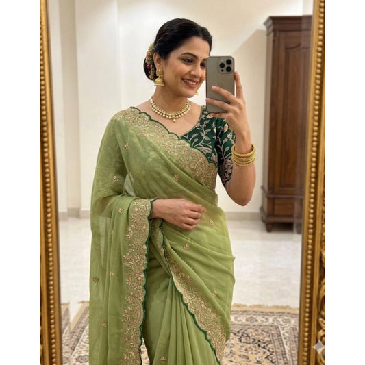 Women's Star Georgette Embroidered Saree With Unstitched Blouse 5.5m (Green)