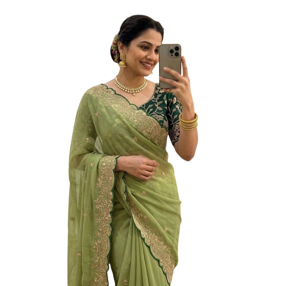 Women's Star Georgette Embroidered Saree With Unstitched Blouse 5.5 Mtr (Green)