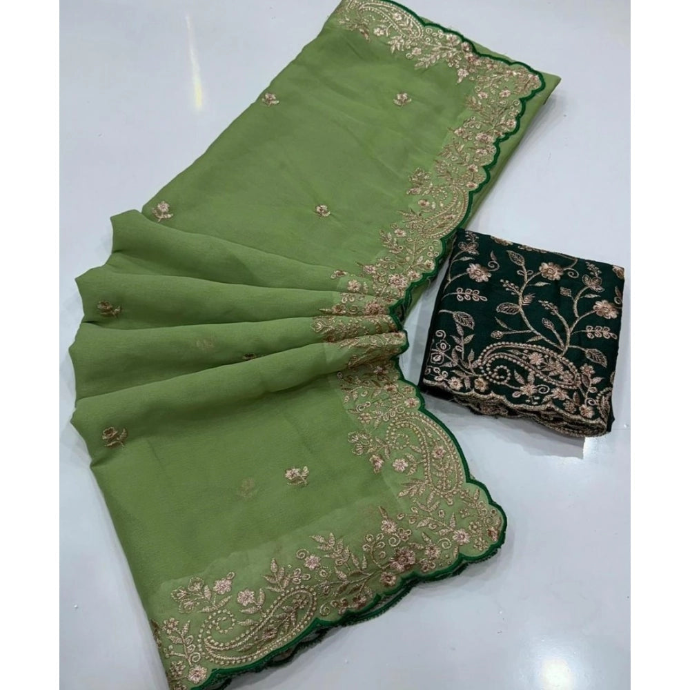Women's Star Georgette Embroidered Saree With Unstitched Blouse 5.5 Mtr (Green)