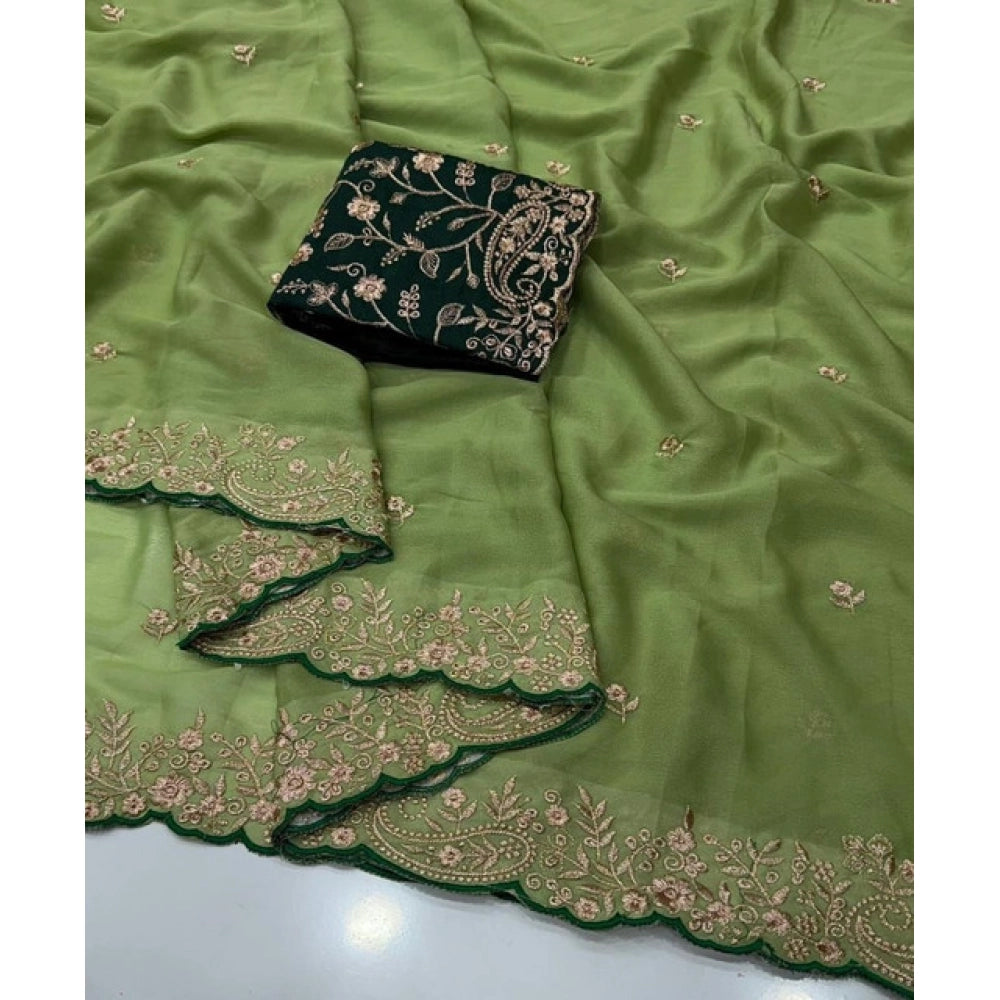 Women's Star Georgette Embroidered Saree With Unstitched Blouse 5.5 Mtr (Green)