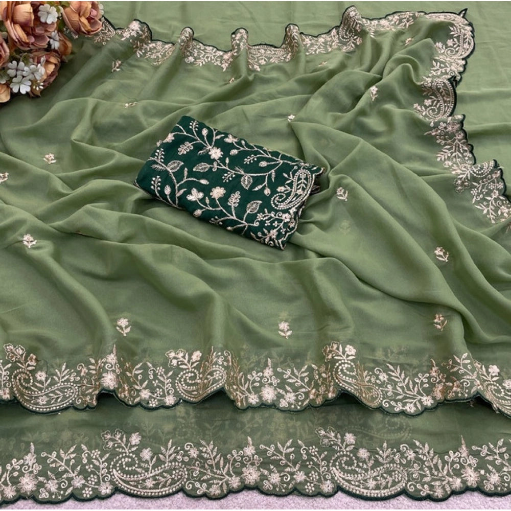 Women's Star Georgette Embroidered Saree With Unstitched Blouse 5.5 Mtr (Green)