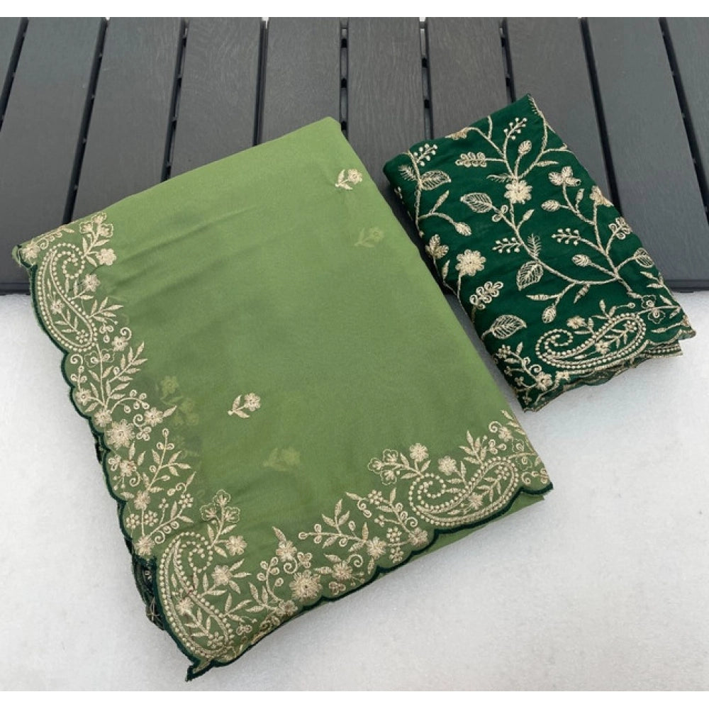 Women's Star Georgette Embroidered Saree With Unstitched Blouse 5.5 Mtr (Green)