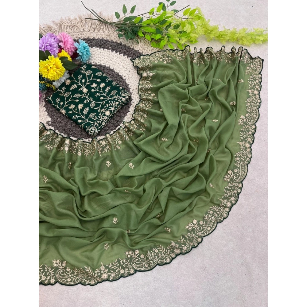 Women's Star Georgette Embroidered Saree With Unstitched Blouse 5.5 Mtr (Green)