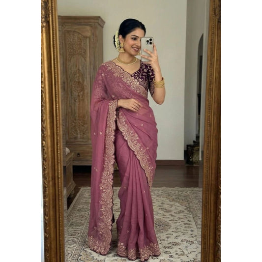 Women's Star Georgette Embroidered Saree With Unstitched Blouse 5.5m (Pink)