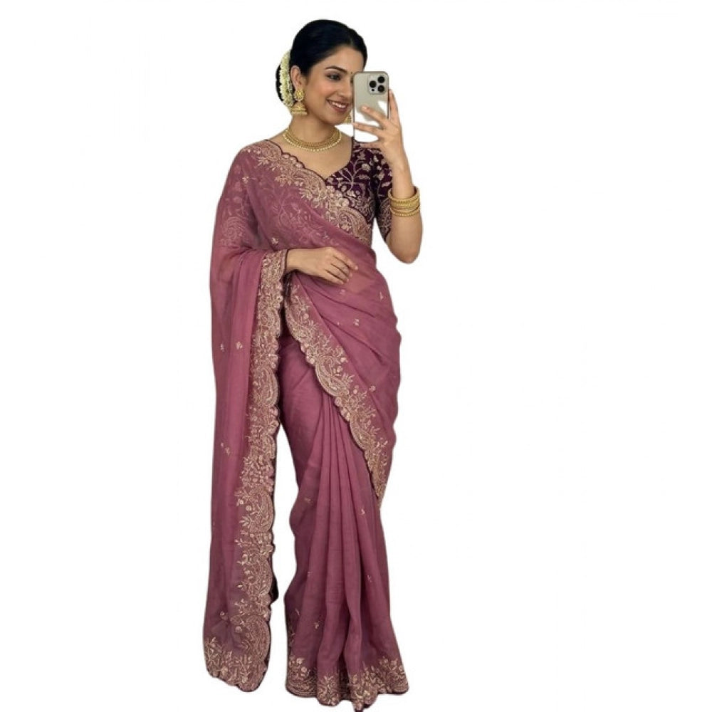 Women's Star Georgette Embroidered Saree With Unstitched Blouse 5.5 Mtr (Pink)