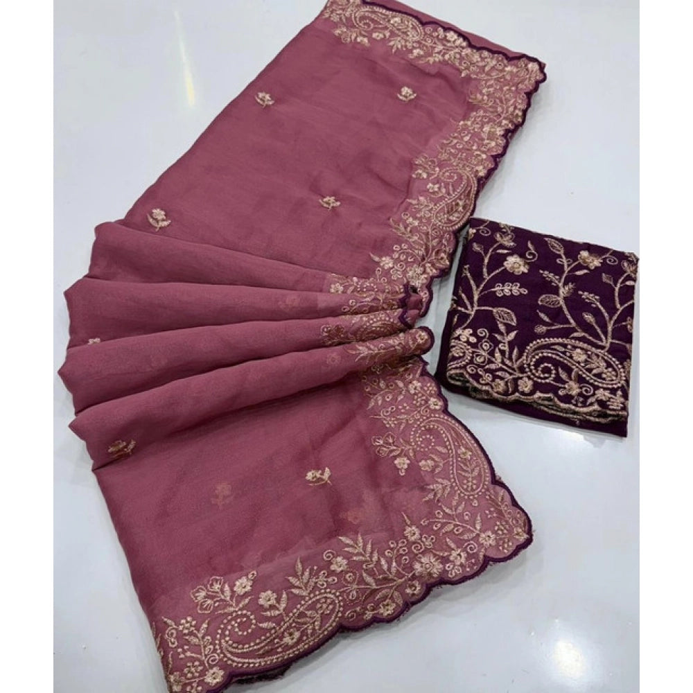 Women's Star Georgette Embroidered Saree With Unstitched Blouse 5.5 Mtr (Pink)