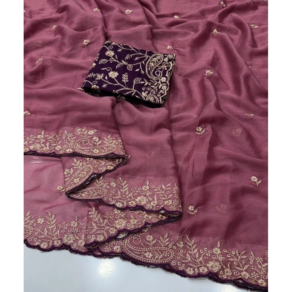 Women's Star Georgette Embroidered Saree With Unstitched Blouse 5.5 Mtr (Pink)