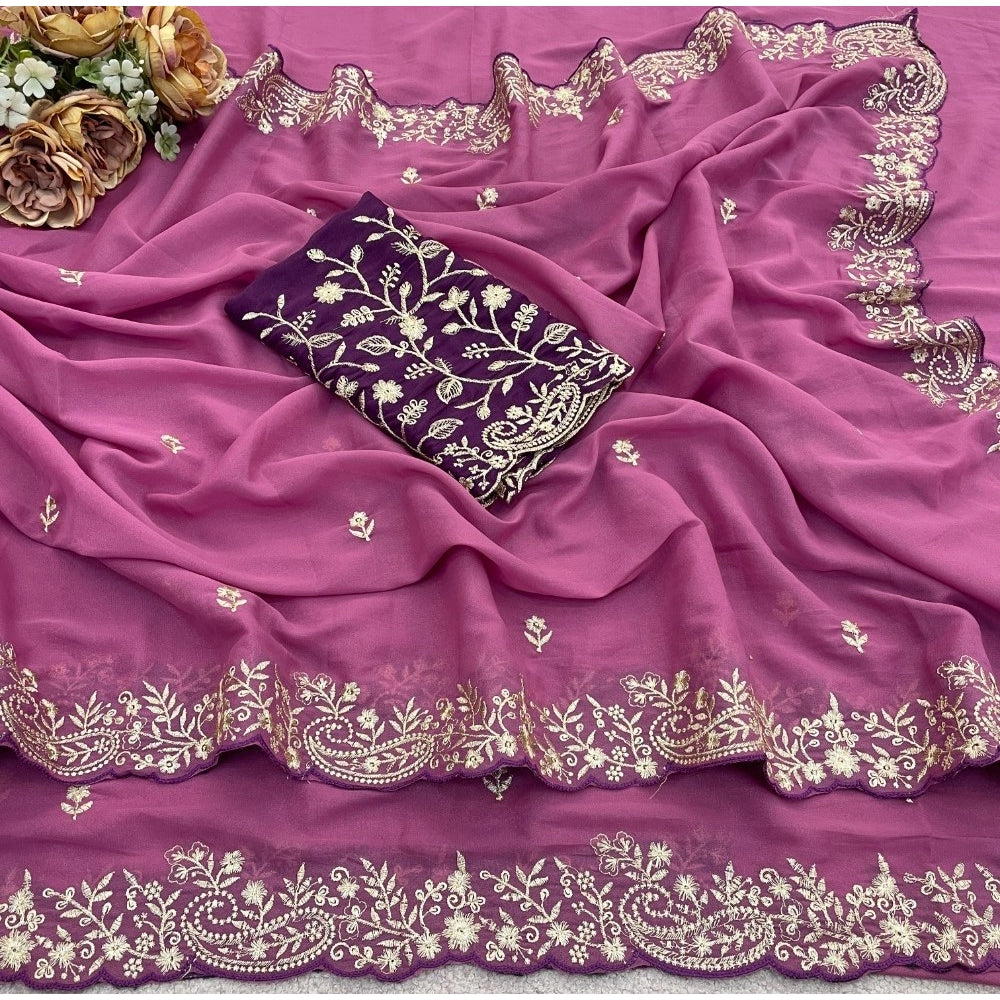 Women's Star Georgette Embroidered Saree With Unstitched Blouse 5.5 Mtr (Pink)