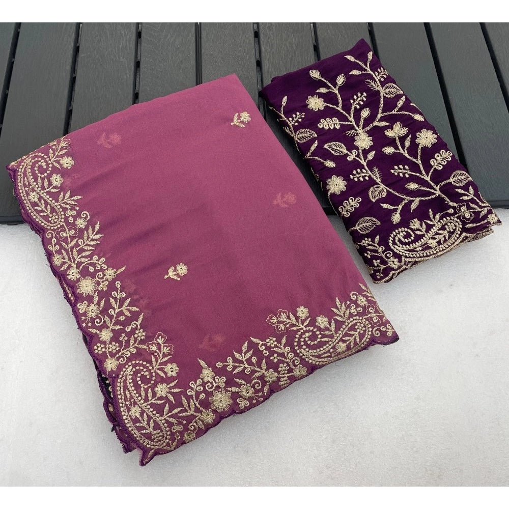 Women's Star Georgette Embroidered Saree With Unstitched Blouse 5.5 Mtr (Pink)