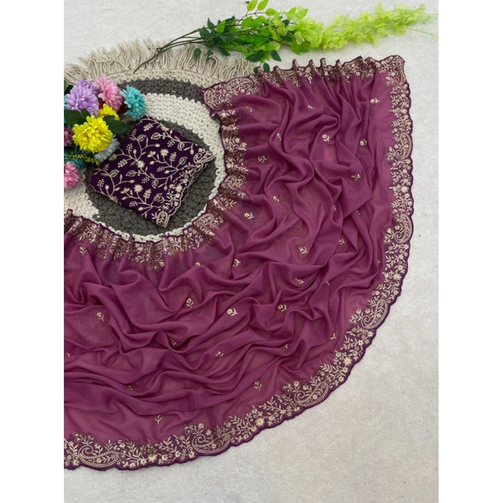 Women's Star Georgette Embroidered Saree With Unstitched Blouse 5.5 Mtr (Pink)