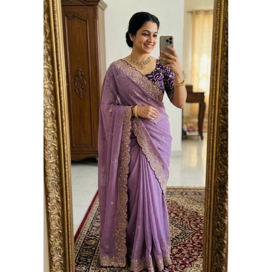 Women's Star Georgette Embroidered Saree With Unstitched Blouse 5.5m (Purple)