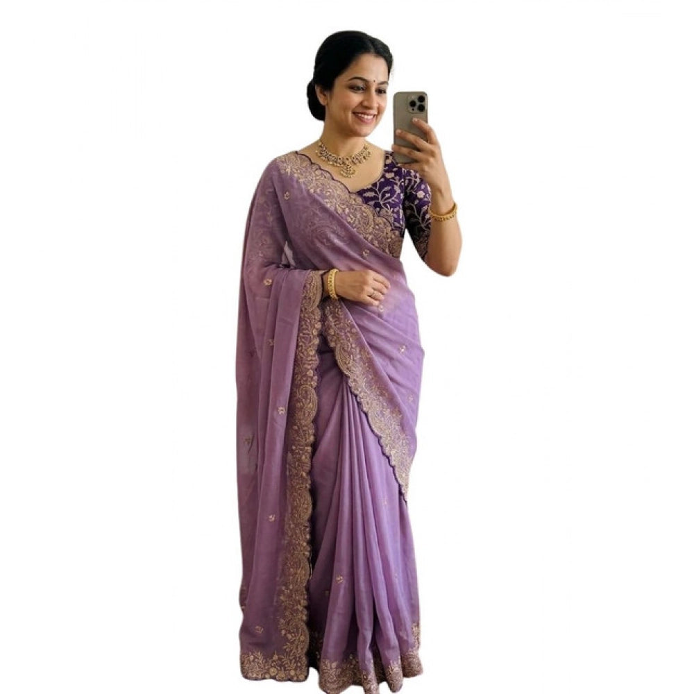 Women's Star Georgette Embroidered Saree With Unstitched Blouse 5.5 Mtr (Purple)