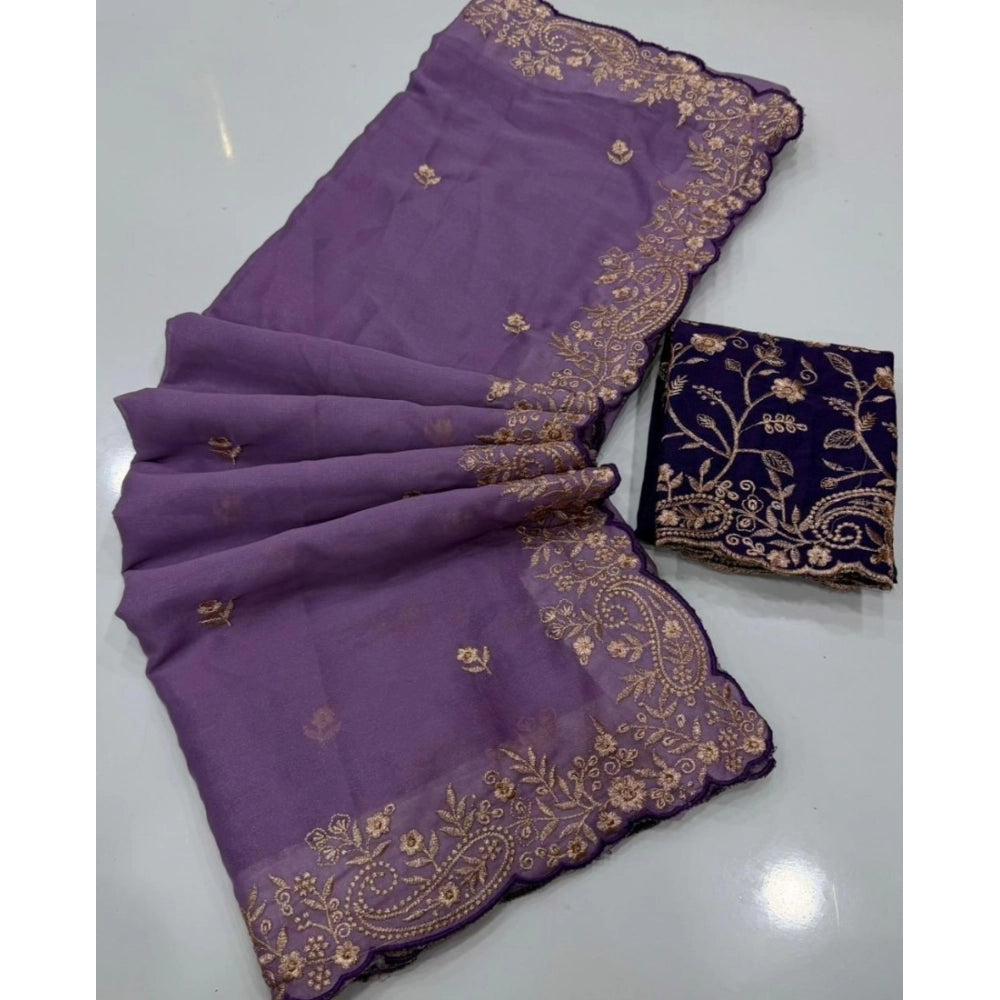 Women's Star Georgette Embroidered Saree With Unstitched Blouse 5.5 Mtr (Purple)