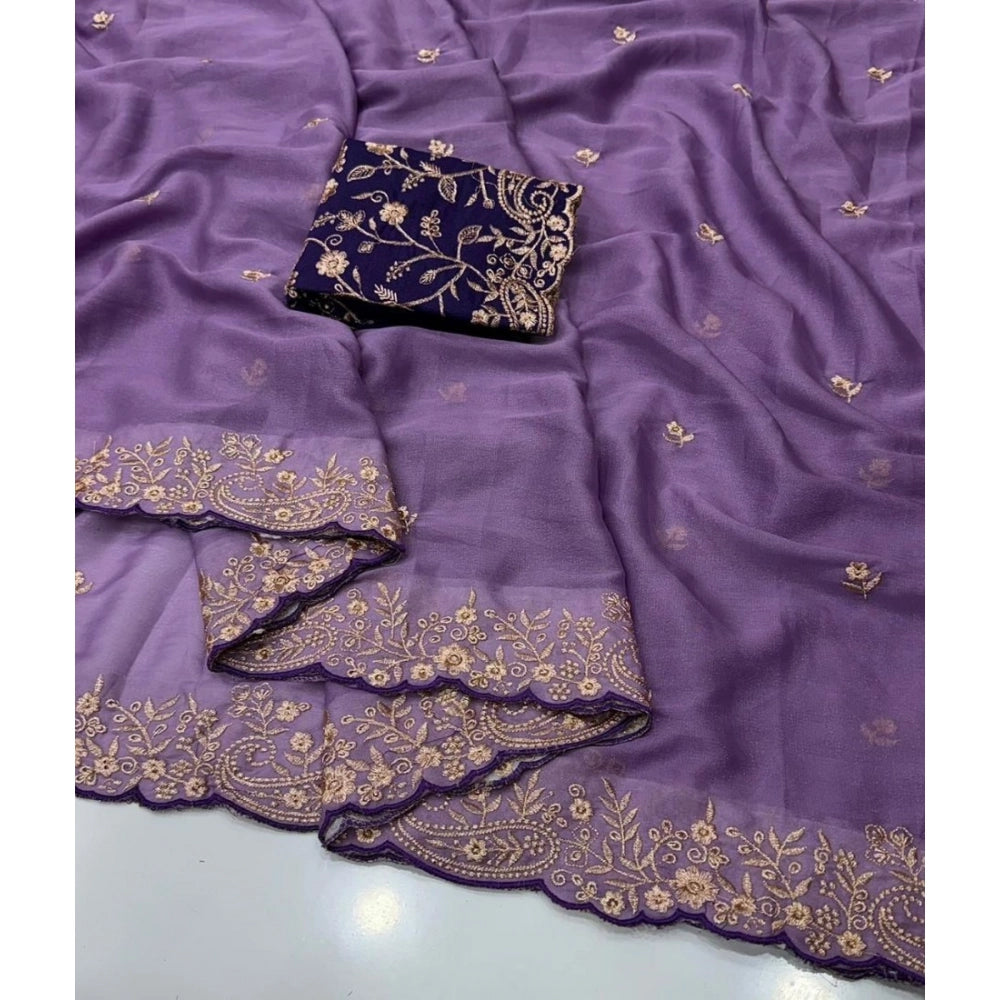 Women's Star Georgette Embroidered Saree With Unstitched Blouse 5.5 Mtr (Purple)