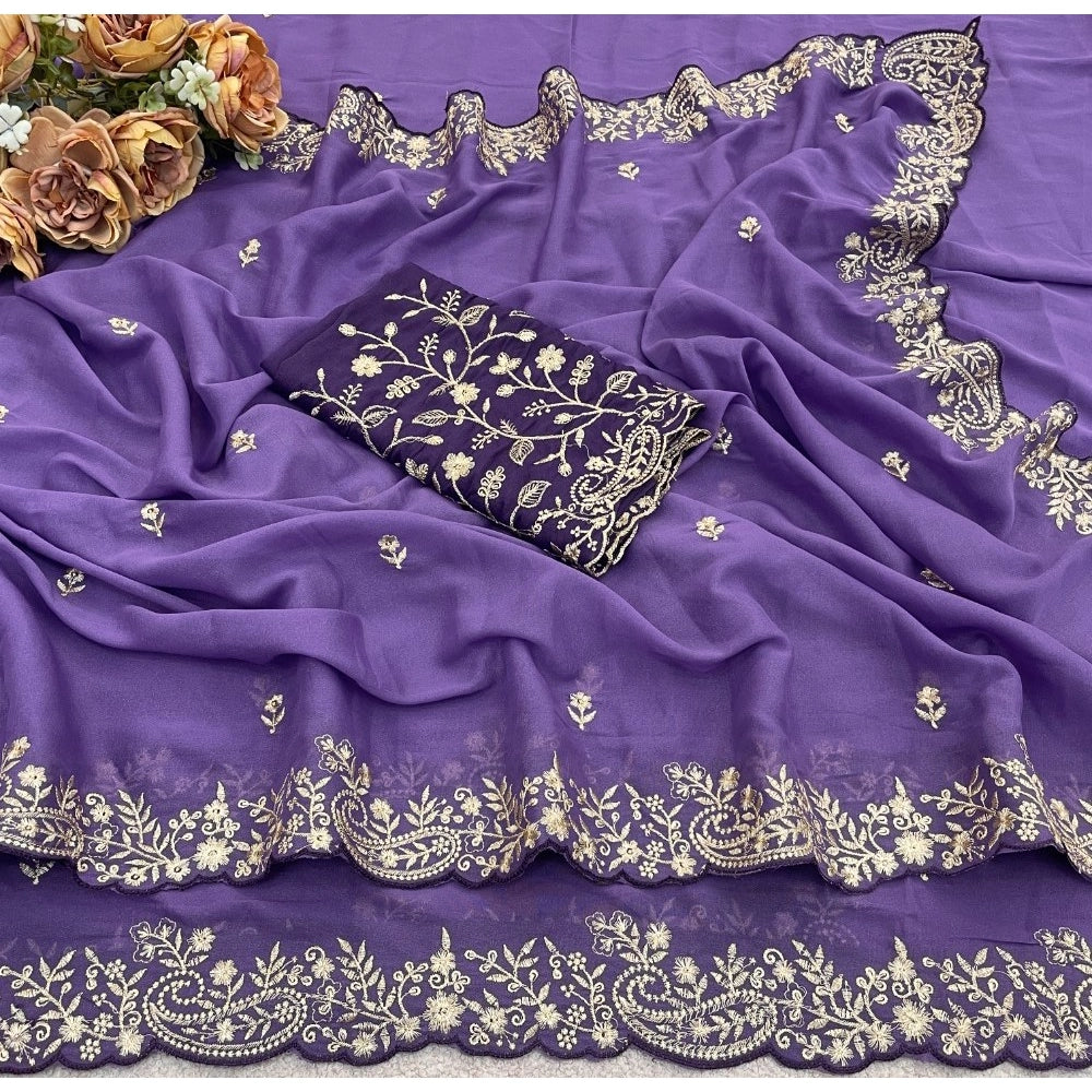Women's Star Georgette Embroidered Saree With Unstitched Blouse 5.5 Mtr (Purple)