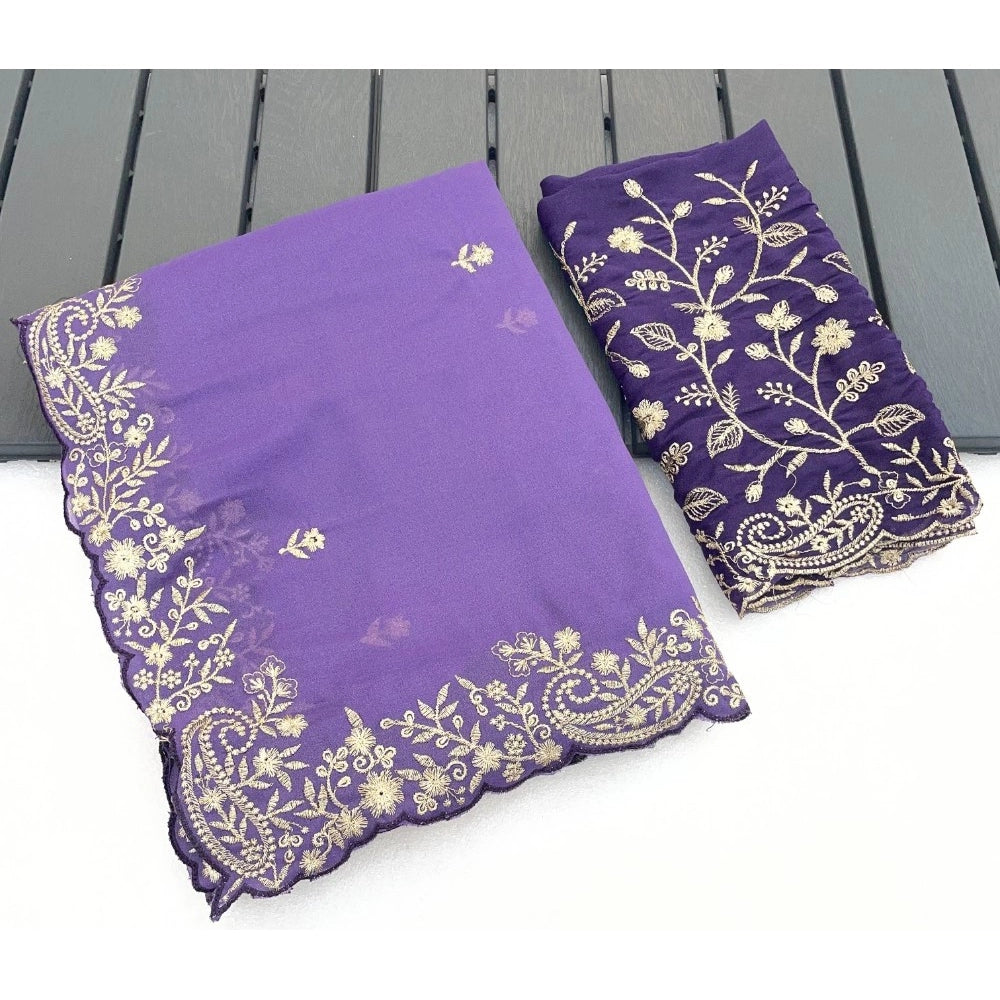 Women's Star Georgette Embroidered Saree With Unstitched Blouse 5.5 Mtr (Purple)