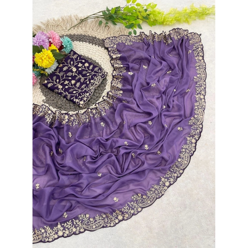 Women's Star Georgette Embroidered Saree With Unstitched Blouse 5.5 Mtr (Purple)