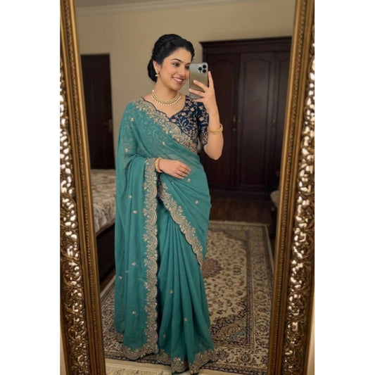 Women's Star Georgette Embroidered Saree With Unstitched Blouse 5.5m (Sea Green)