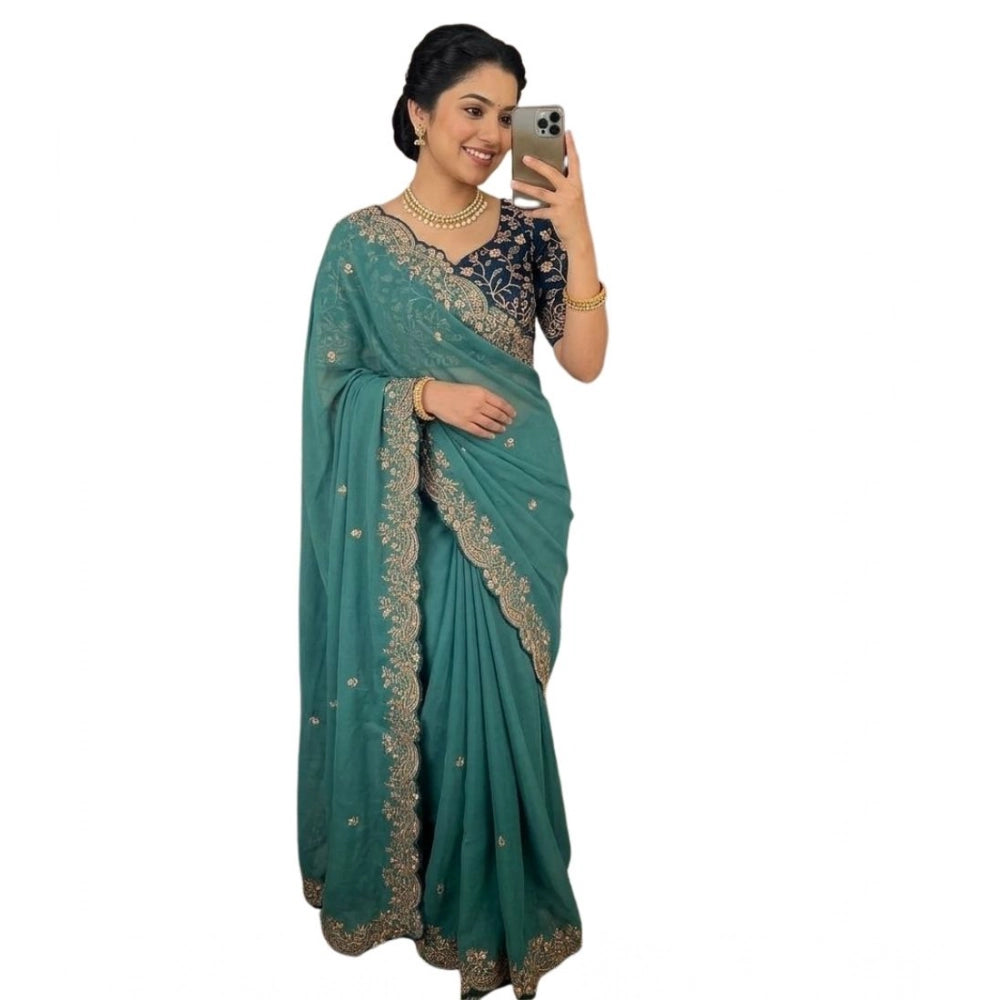 Women's Star Georgette Embroidered Saree With Unstitched Blouse 5.5 Mtr (Sea Green)