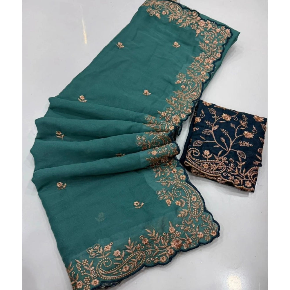 Women's Star Georgette Embroidered Saree With Unstitched Blouse 5.5 Mtr (Sea Green)
