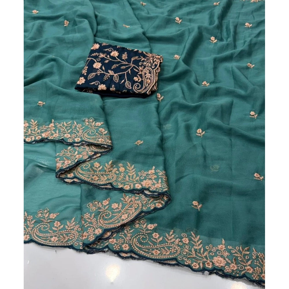 Women's Star Georgette Embroidered Saree With Unstitched Blouse 5.5 Mtr (Sea Green)