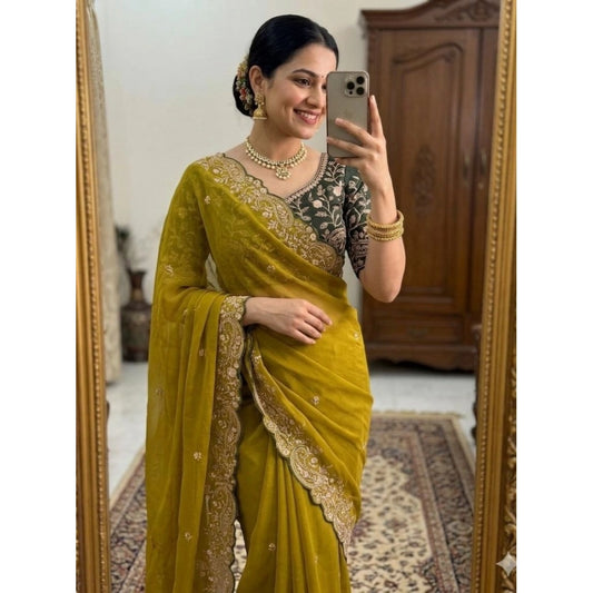 Women's Star Georgette Embroidered Saree With Unstitched Blouse 5.5m (Mustard Yellow)