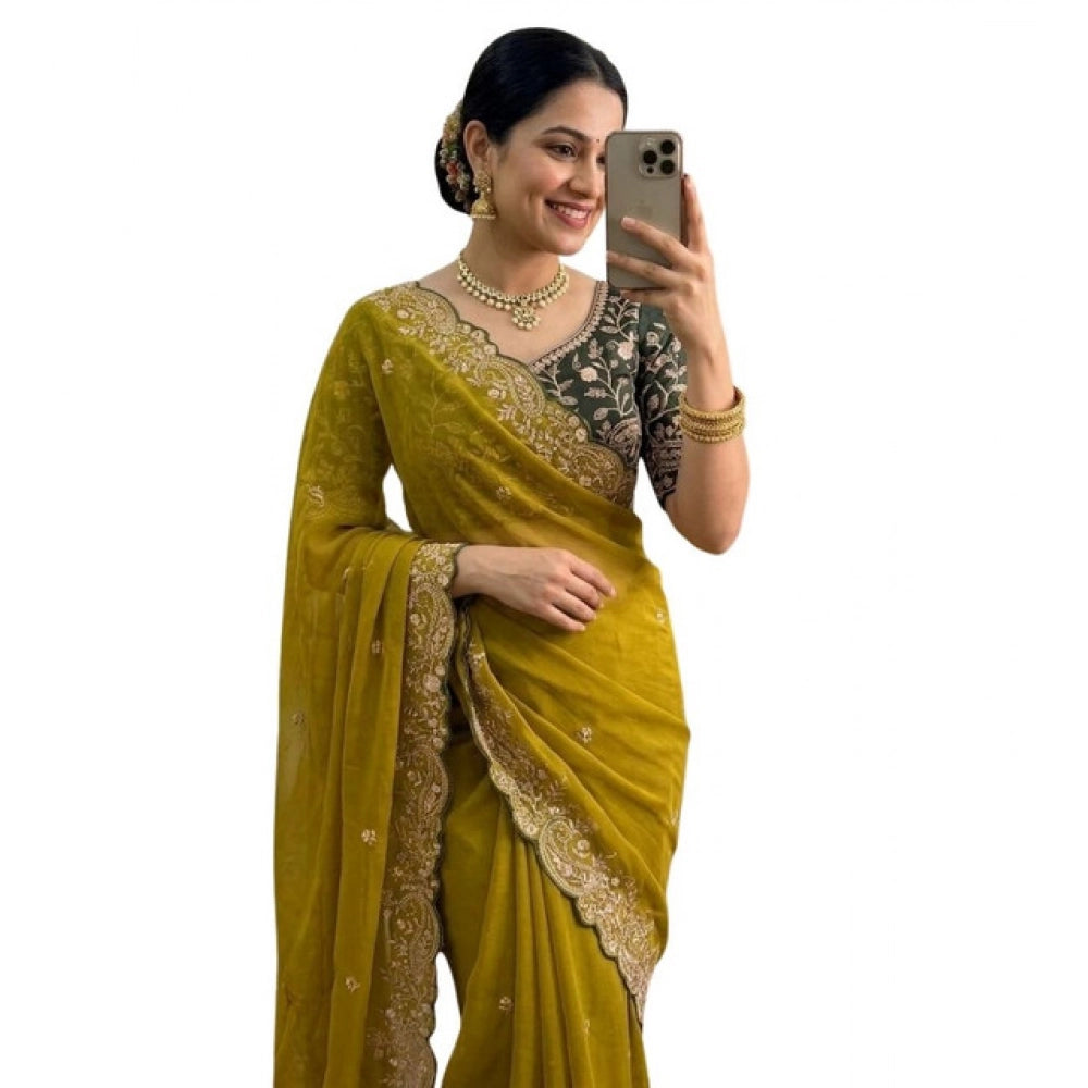 Women's Star Georgette Embroidered Saree With Unstitched Blouse 5.5 Mtr (Mustard Yellow)