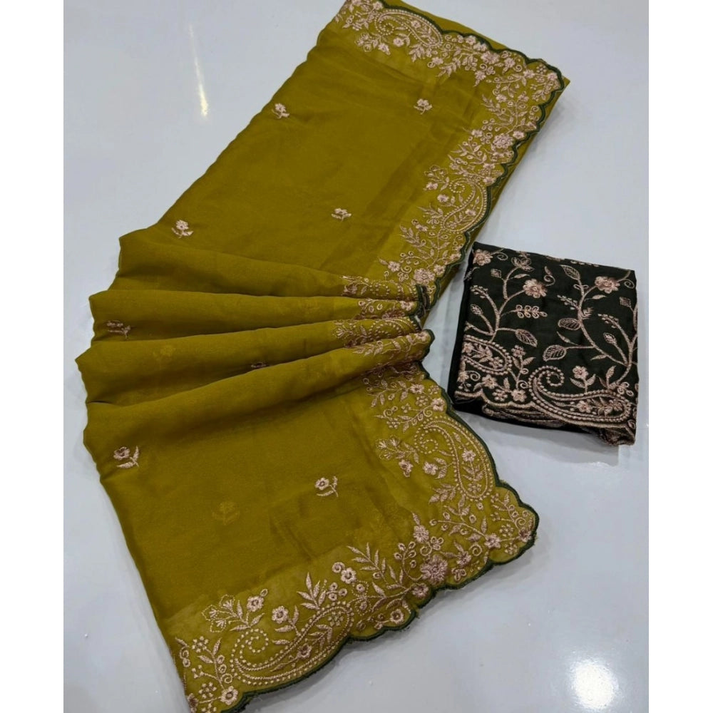 Women's Star Georgette Embroidered Saree With Unstitched Blouse 5.5 Mtr (Mustard Yellow)