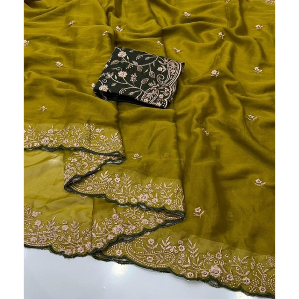 Women's Star Georgette Embroidered Saree With Unstitched Blouse 5.5 Mtr (Mustard Yellow)