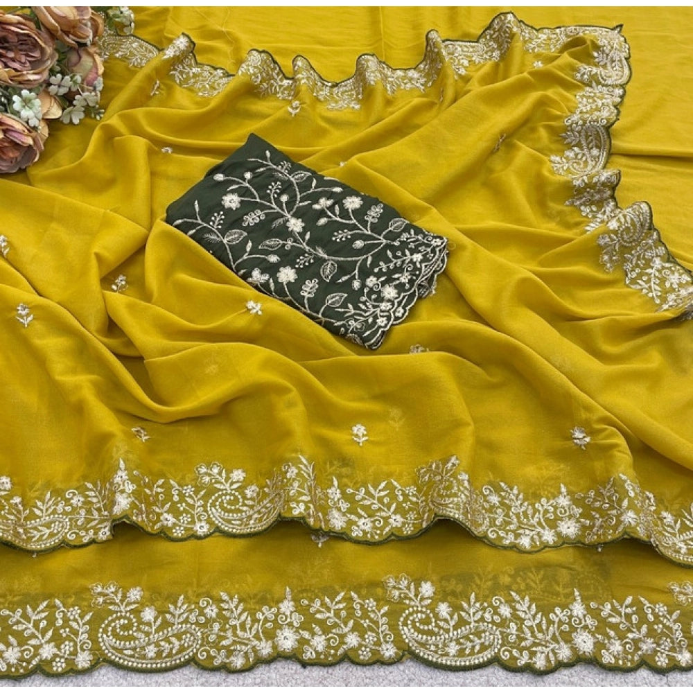 Women's Star Georgette Embroidered Saree With Unstitched Blouse 5.5 Mtr (Mustard Yellow)