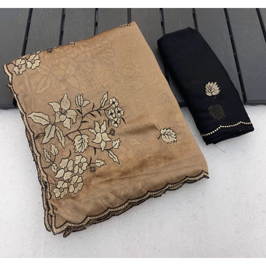 Women's Viscose Silk Embroidered Saree With Unstitched Blouse 5.5m (Gold)