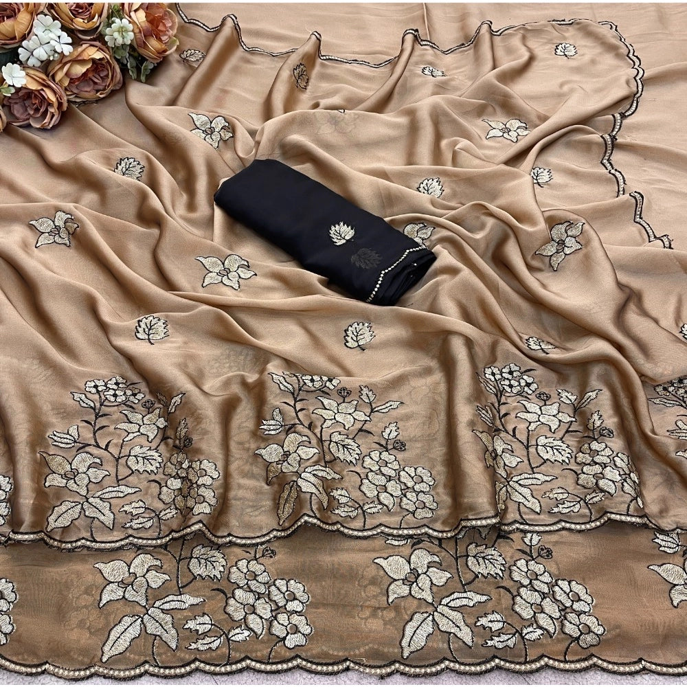 Women's Viscose Silk Embroidered Saree With Unstitched Blouse 5.5 Mtr (Gold)