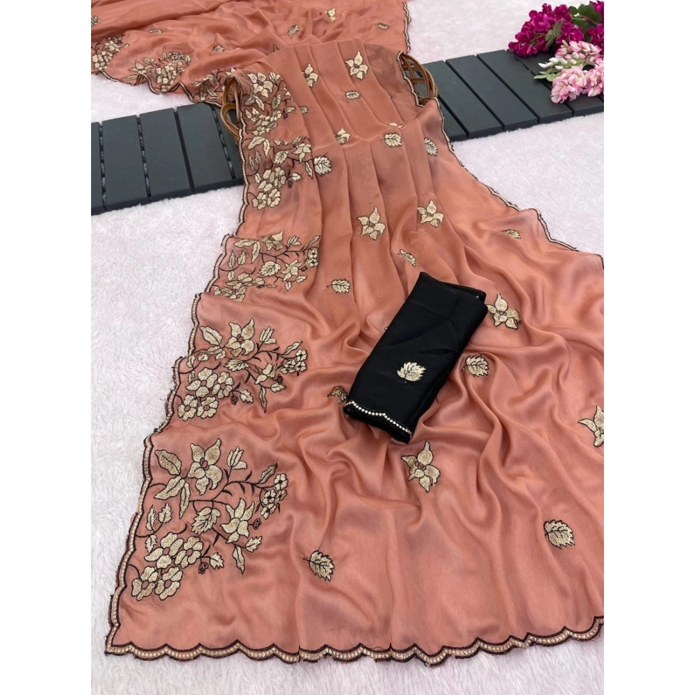 Women's Viscose Silk Embroidered Saree With Unstitched Blouse 5.5 Mtr (Peach)