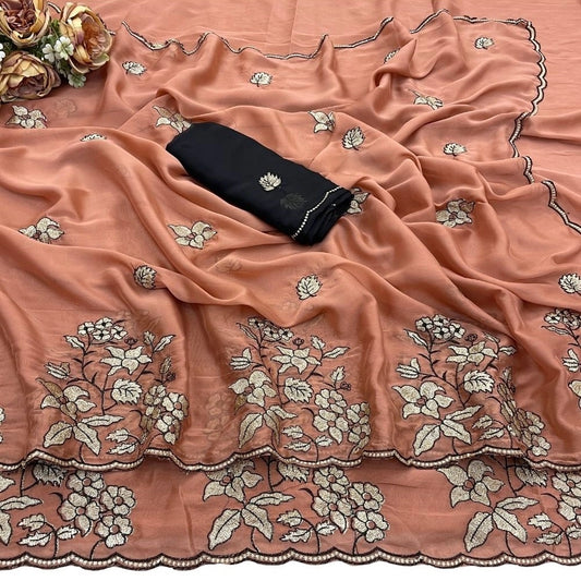 Women's Viscose Silk Embroidered Saree With Unstitched Blouse 5.5m (Peach)