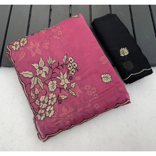 Women's Viscose Silk Embroidered Saree With Unstitched Blouse 5.5m (Pink)