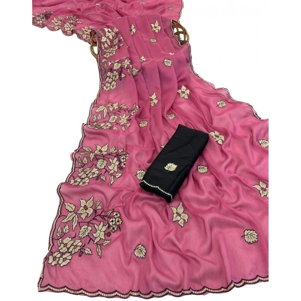 Women's Viscose Silk Embroidered Saree With Unstitched Blouse 5.5 Mtr (Pink)
